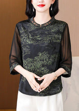 Load image into Gallery viewer, Elegant Green Stand Collar Print Silk Top Half Sleeve