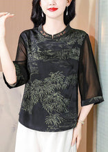 Load image into Gallery viewer, Elegant Green Stand Collar Print Silk Top Half Sleeve