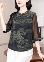 Load image into Gallery viewer, Elegant Green Stand Collar Print Silk Top Half Sleeve