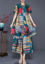 Load image into Gallery viewer, Elegant Green Stand Collar Tie Dye Silk 2 Piece Outfit Summer