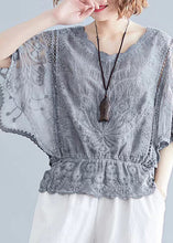 Load image into Gallery viewer, Elegant Grey Embroidered Hollow Out Cotton Top Batwing Sleeve