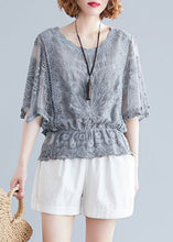 Load image into Gallery viewer, Elegant Grey Embroidered Hollow Out Cotton Top Batwing Sleeve