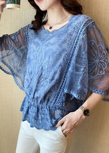 Load image into Gallery viewer, Elegant Grey Embroidered Hollow Out Cotton Top Batwing Sleeve