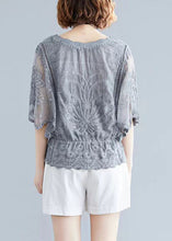 Load image into Gallery viewer, Elegant Grey Embroidered Hollow Out Cotton Top Batwing Sleeve