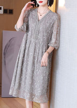 Load image into Gallery viewer, Elegant Grey Embroidered Nail Bead Patchwork Silk Dress Half Sleeve