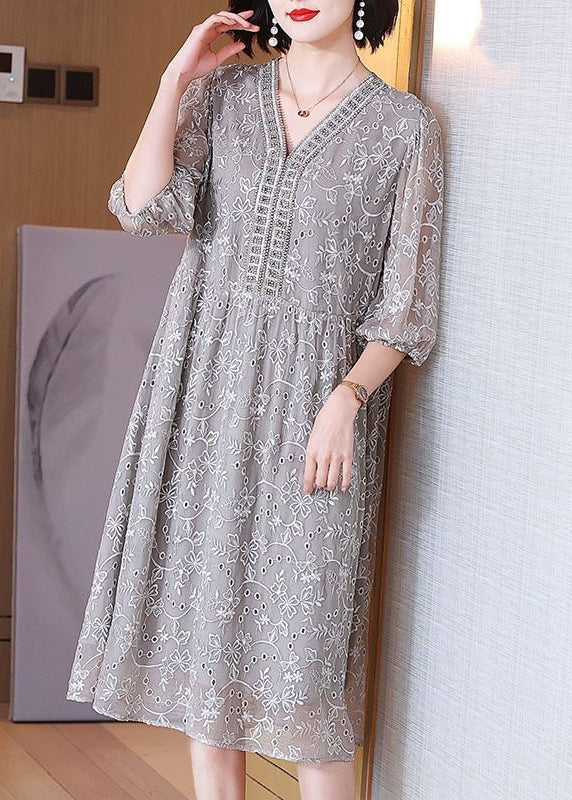 Elegant Grey Embroidered Nail Bead Patchwork Silk Dress Half Sleeve