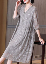 Load image into Gallery viewer, Elegant Grey Embroidered Nail Bead Patchwork Silk Dress Half Sleeve