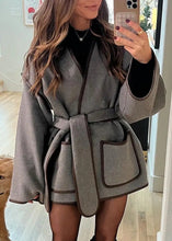 Load image into Gallery viewer, Elegant Grey Pockets Tie Waist Woolen Jacket Fall