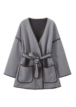 Load image into Gallery viewer, Elegant Grey Pockets Tie Waist Woolen Jacket Fall