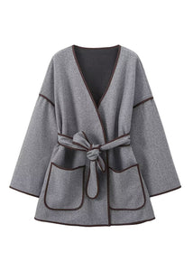 Elegant Grey Pockets Tie Waist Woolen Jacket Fall