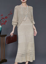 Load image into Gallery viewer, Elegant Khaki Hollow Out Knit Dress Two-Piece Set Spring