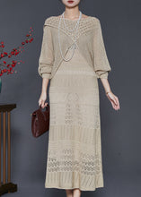 Load image into Gallery viewer, Elegant Khaki Hollow Out Knit Dress Two-Piece Set Spring