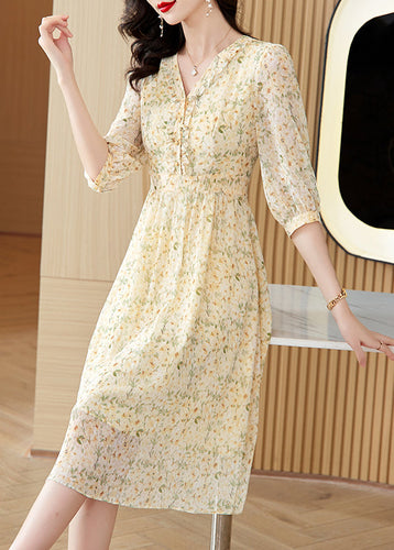 Elegant Light Yellow V Neck Print Chiffon Dresses Summer