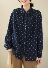 Load image into Gallery viewer, Elegant Navy Button Print Cotton Shirts Long Sleeve