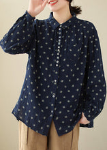 Load image into Gallery viewer, Elegant Navy Button Print Cotton Shirts Long Sleeve