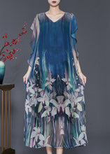 Load image into Gallery viewer, Elegant Navy Floral Print Silk Holiday Dress Butterfly Sleeve