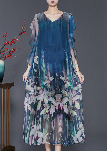 Elegant Navy Floral Print Silk Holiday Dress Butterfly Sleeve