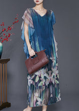 Load image into Gallery viewer, Elegant Navy Floral Print Silk Holiday Dress Butterfly Sleeve