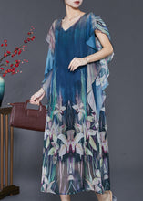 Load image into Gallery viewer, Elegant Navy Floral Print Silk Holiday Dress Butterfly Sleeve