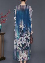 Load image into Gallery viewer, Elegant Navy Floral Print Silk Holiday Dress Butterfly Sleeve