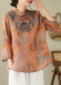 Elegant Orange Embroidered Print Cotton Shirts Half Sleeve