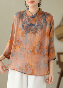 Elegant Orange Embroidered Print Cotton Shirts Half Sleeve