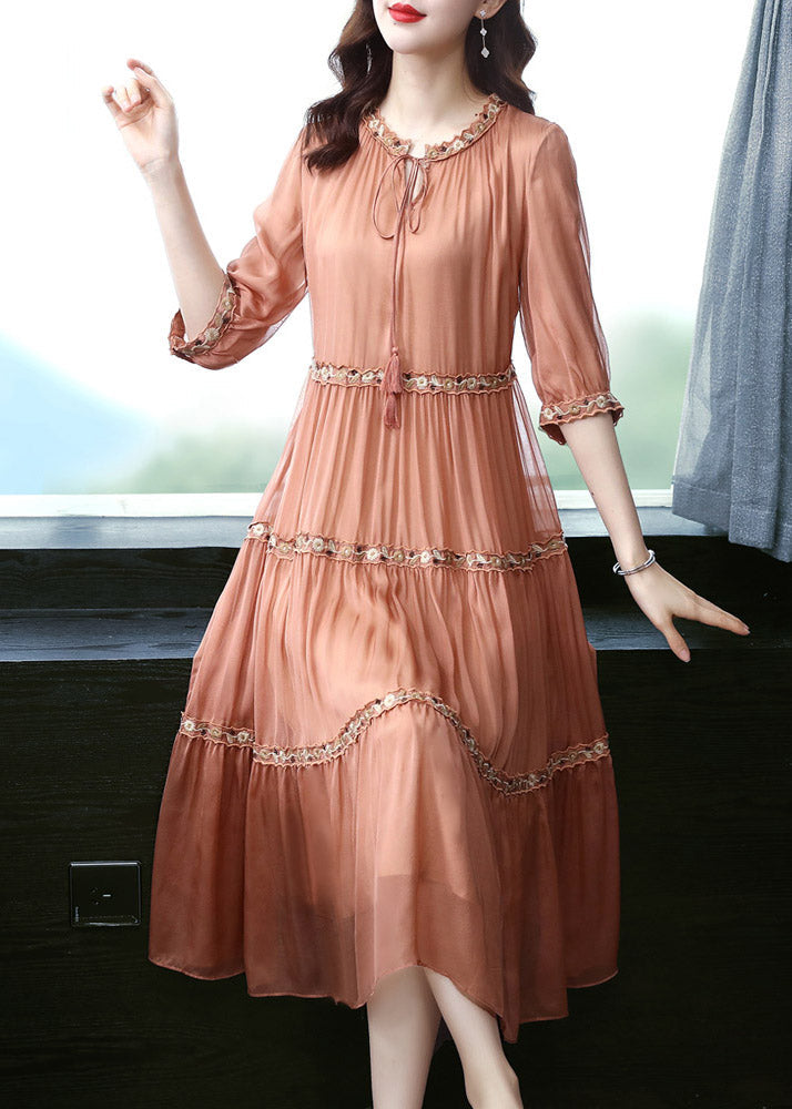 Elegant Orange O-Neck Embroidered Floral Silk Long Dress Summer