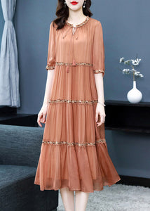 Elegant Orange O-Neck Embroidered Floral Silk Long Dress Summer