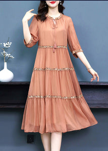 Elegant Orange O-Neck Embroidered Floral Silk Long Dress Summer