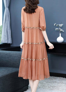 Elegant Orange O-Neck Embroidered Floral Silk Long Dress Summer