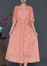 Load image into Gallery viewer, Elegant Orange Ruffled Print Linen Cinched Dress Summer