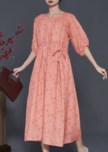 Load image into Gallery viewer, Elegant Orange Ruffled Print Linen Cinched Dress Summer