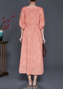 Elegant Orange Ruffled Print Linen Cinched Dress Summer