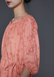 Elegant Orange Ruffled Print Linen Cinched Dress Summer