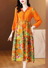 Load image into Gallery viewer, Elegant Orange Ruffled Print Patchwork Silk Long Dress Spring