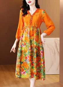 Elegant Orange Ruffled Print Patchwork Silk Long Dress Spring