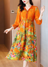 Load image into Gallery viewer, Elegant Orange Ruffled Print Patchwork Silk Long Dress Spring