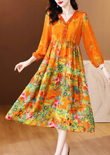 Load image into Gallery viewer, Elegant Orange Ruffled Print Patchwork Silk Long Dress Spring