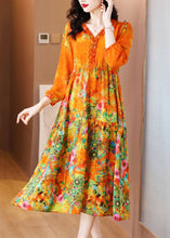 Load image into Gallery viewer, Elegant Orange Ruffled Print Patchwork Silk Long Dress Spring