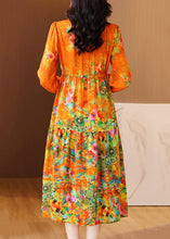 Load image into Gallery viewer, Elegant Orange Ruffled Print Patchwork Silk Long Dress Spring