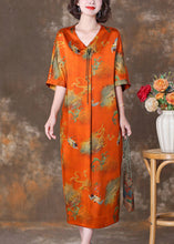 Load image into Gallery viewer, Elegant Orange V Neck Button Print Silk Long Dresses Summer