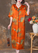 Load image into Gallery viewer, Elegant Orange V Neck Button Print Silk Long Dresses Summer