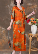 Load image into Gallery viewer, Elegant Orange V Neck Button Print Silk Long Dresses Summer