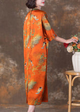 Load image into Gallery viewer, Elegant Orange V Neck Button Print Silk Long Dresses Summer