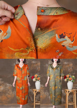 Load image into Gallery viewer, Elegant Orange V Neck Button Print Silk Long Dresses Summer