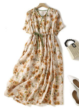 Load image into Gallery viewer, Elegant Orange V Neck Lace Up Print Linen Dresses Summer