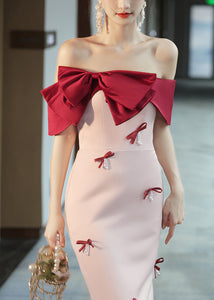 Elegant Pink Cold Shoulder Bow Nail Bead Dress Sleeveless