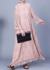 Elegant Pink Embroidered Hollow Out Lace Long Dress Spring