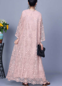 Elegant Pink Embroidered Hollow Out Lace Long Dress Spring