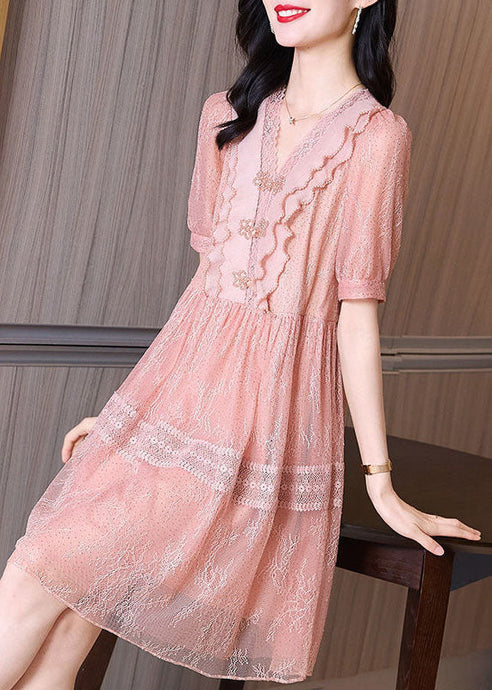 Elegant Pink V Neck Lace Ruffles Patchwork Tulle Dress Summer